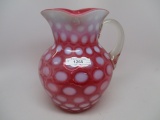 Victorian opalescent Cranberry opal Coin Dot water pitcher w square top