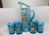 Victorian Pattern glass blue Oriental Poppy 7pc water set w/ gold paint