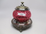 Victorian cranberry sugar cube holder on silver plate frame
