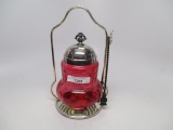Victorian cranberry pickle castor in silver plate frame