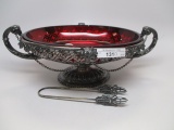 Victorian oval pickle dish w/ cranberry insert.