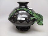 Indian art pottery vase w/ Iguana applied to side of vase.