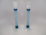 Fry art glass candlesticks w/ cobalt threading, 10â€