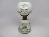 Victorian milk glass decorated miniature oil lamp
