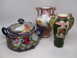 2 pieces Nippon and majolica vase including cobalt painted cracker jar