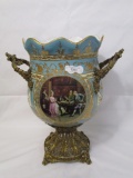 Large bottled ormolu mounted urn w/ tavern scene, Sevres.