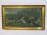 F Snyder Oil on Canvas of Dogs hunting wild boar. Circa 1910  approx 12 x 1