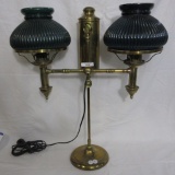 Nice double student lamp w/ ribbed green cased shades. electric