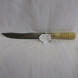 Civil war belt knife w/ fancy bone handle, blade marked ONDO.