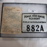 1938 Penn. Resident Hunter's License and Plate