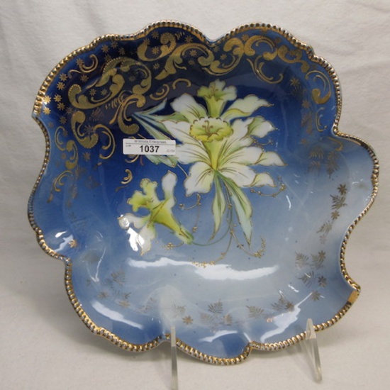 UM RS Prussia 10" mold 343 cobalt floral bowl w jonquil decor