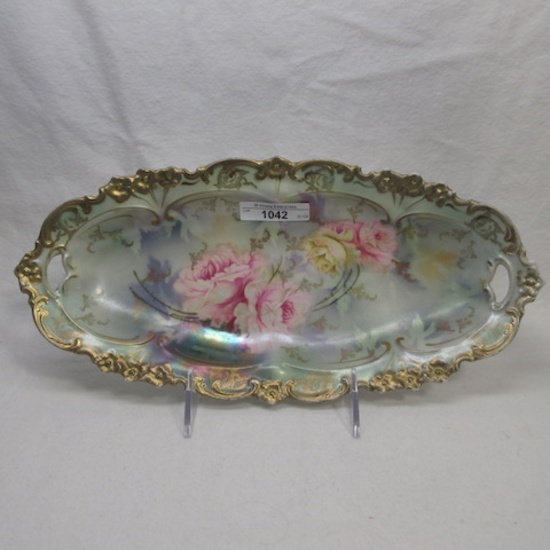 RS prussia 12" floral satin celery tray w/ roses decor