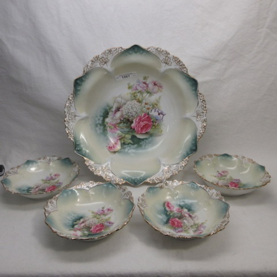 RS Prussia point & clover mold 7pc berry set w/ glass bowl flowers
