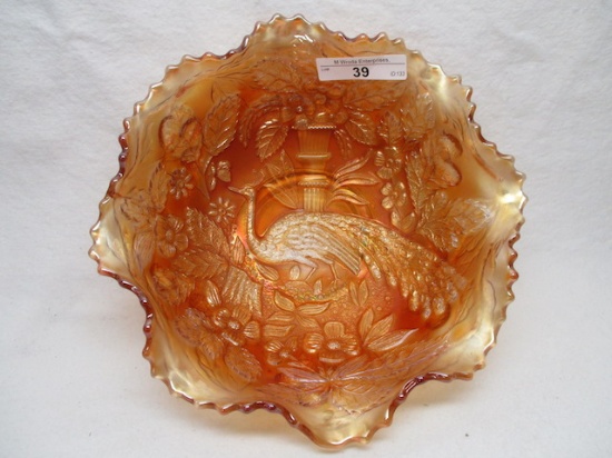 Fenton 8.5" mari Peacock at Urn deep ruffled bowl