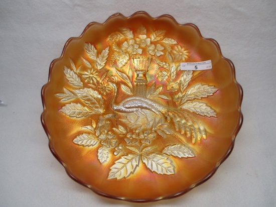 Nwood 10" marigold Peacock at Urn Stippled ICS bowl. VERY NICE
