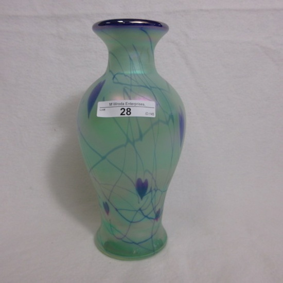 Fenton Green Irid. Hanging Hearts Vase