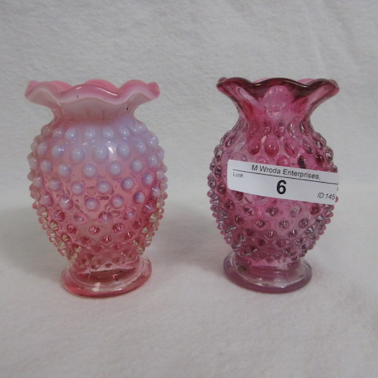 Fenton Cranberry Opal and Hobnail Small Vases