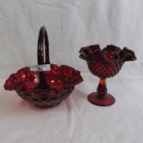 2 Fenton ruby, basket & compote