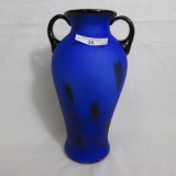 Fenton Cobalt Frost Hanging Hearts Handled Vase