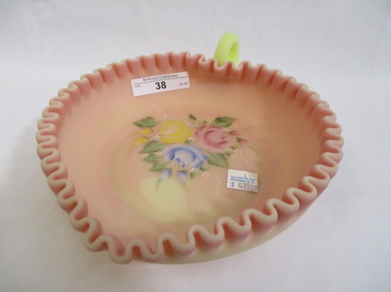 Fenton burmese decorated 7" heart dish - GREAT