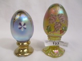 2 Fenton eggs on stands, decorated