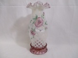 Fenton decorated lattice hurricane lamp