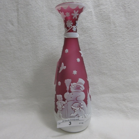 Chris Carpenter Cameo 8" bottle vase "Sunny Snow Day"-white/crystal/cranber