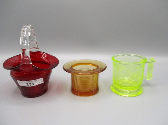 4" Red Basket Amber Hat and Vaseline Stork and Rsh childs Mug