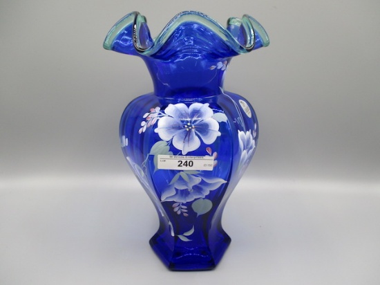 Fenton 9" HP Green Crested Blue Vase