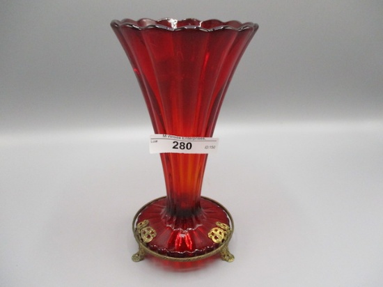 Art Glass Cranberry Vase on Stand