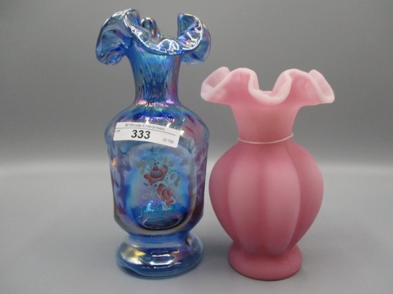 Fenton Blue HP Pinch Vase and Roselene Melon Vase