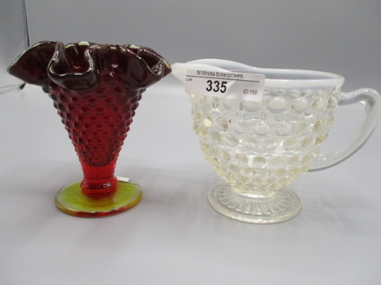 Fenton Red Hobnail Trumpet Vase and FO Hobnail Creamer