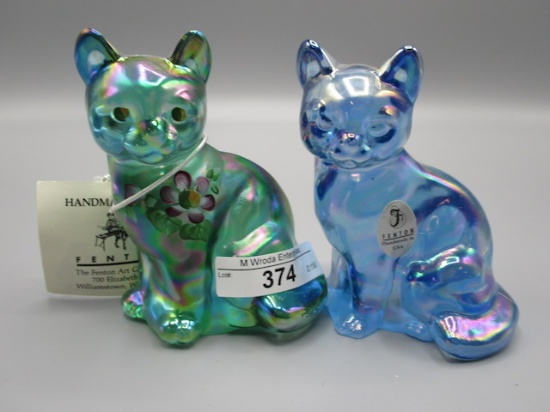 Fenton HP Green Sitting Cat and Blue Sitting Cat