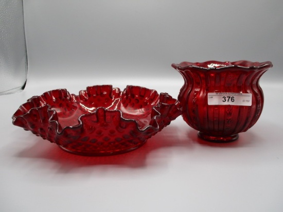 Fenton Red Rosebowl and Ruffled bowl as shown
