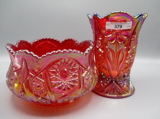 Fenton Contemp Carnival Red Vase and  large Bowl