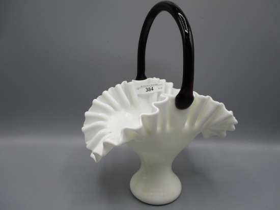 Fenton Milk glass and Ebony Handled Basket 10.5"