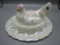 Fenton hen on nest w/deviled egg tray. Hand painted