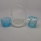 Fenton butterfly basket and 2 blue hobnail