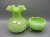 2 Lime satin Fenton items, vase ;/ rosebowl
