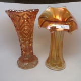 2 marigold carnival glass vases