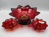 Fenton ruby 4 pc tulip bowl & candle holders