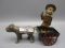 Cast Iron toy dog pulling apple cart w driver