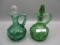 2 green pattern glass cruets