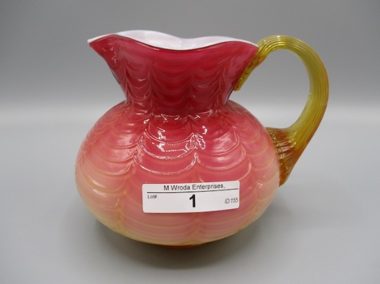 Victorian amberina drape milk pitcher, 5" with reeded handle, polished pont