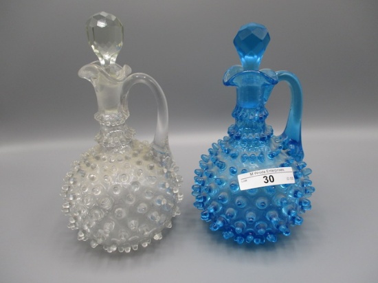 2 Hobnail cruets, blue & crystal