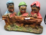 Large Black Americana chalkware of 3 boys eating watermelon by fence