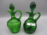 2 pattern glass green cruets