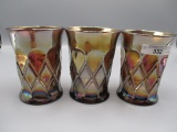 3 Millersburg carnival glass tumblers- Diamond