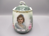 Victorian biscuit jar w/ Portrait of young lady and roses