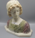 MArble bust of young woman w/ laced hat. 12 x 12